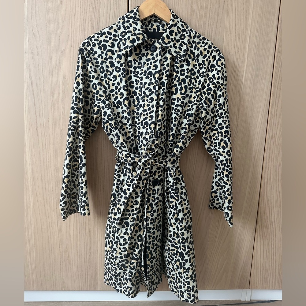 Maje Leopard Print Trench Coat in Black and Cream
